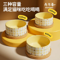 Ceramic Pet Bowl with Wooden Stand for Cats and Small Dogs, Anti-Tip Food and Water Dish