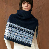 Fair Isle Vintage High-Neck Knitted Scarf Poncho for Women, Thick Warm Winter Shawl