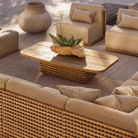 Nordic Outdoor Teak Sofa Set with Quick-Dry Cushions, All-Weather Wicker Rattan Furniture for Patio, Villa, Hotel