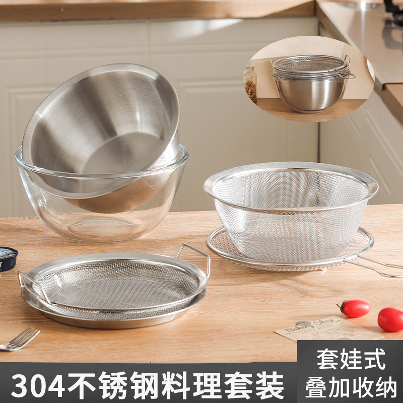 304 Stainless Steel Nesting Mixing Bowl Set with Drain Basket for Kitchen Prep and Baking