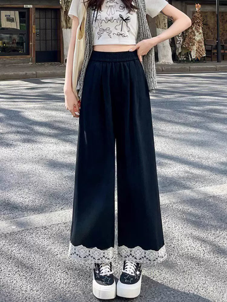 Women's Vintage Lace Patchwork Wide-Leg Cropped Pants High-Waisted Ice Silk Quick-Dry Casual Trousers