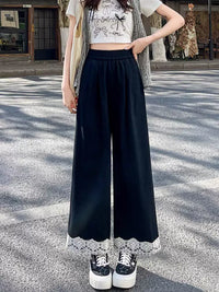 Women's Vintage Lace Patchwork Wide-Leg Cropped Pants High-Waisted Ice Silk Quick-Dry Casual Trousers