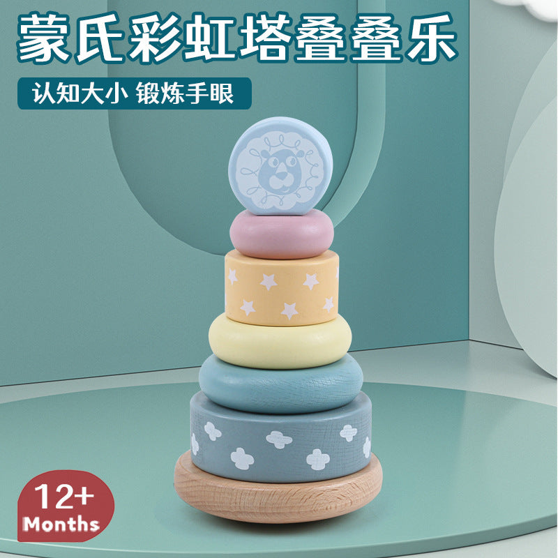 Wooden Macaron Rainbow Stacking Tower Tumbler Toy for Early Education