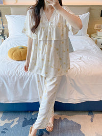 Women's Ruffled Short Sleeve Long Pants Pajama Set, Cotton Blend, Anti-Chafe, Summer Homewear