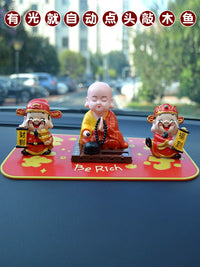 Solar Powered Nodding Monk Car Dashboard Ornament with Wooden Fish