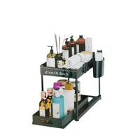 Under-Sink Pull-Out Storage Organizer with Hooks and Chopstick Holders, Double-Layer Plastic Drawer Shelf for Kitchen and Bathroom