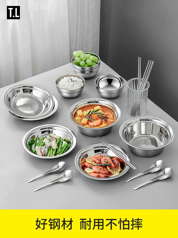 Thickened 304 Stainless Steel Dinnerware Set for Home & Outdoor Camping - Portable Cookware, Bowls, Chopsticks, Plates, Food-Grade Soup Basin