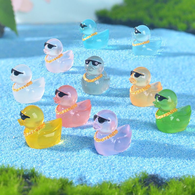 Luminous Duck Figurine with Gold Chain for Micro Landscape & Car Decor