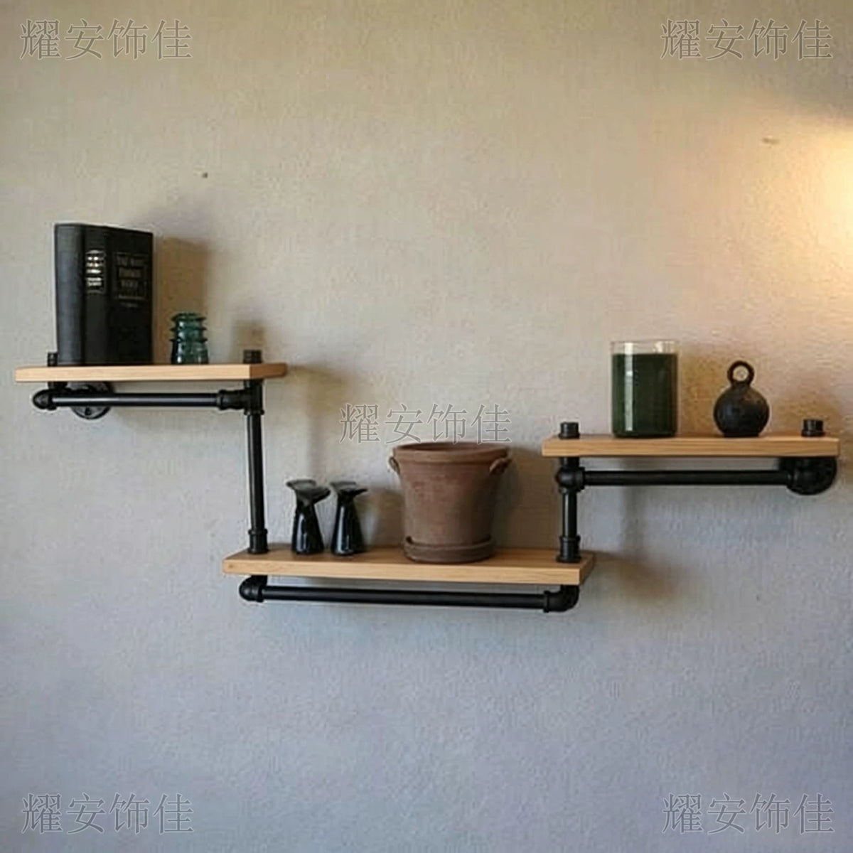 Industrial Pipe Wall-Mounted Shelf with Solid Wood Board for Living Room and Study