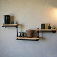 Industrial Pipe Wall-Mounted Shelf with Solid Wood Board for Living Room and Study