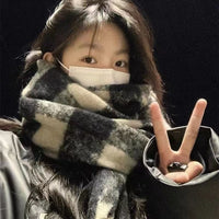 Women's Plaid Imitation Cashmere Scarf Winter Thick Warm Shawl Dual-Use Solid Color Student Neck Warmer