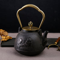Creative Copper Handle Iron Teapot with Copper Lid for Home Use, Uncoated Tea Kettle