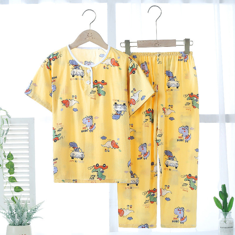 Kids' Summer Pajama Set, Thin Cotton Blend Short Sleeve Top & Long Pants for Boys and Girls
