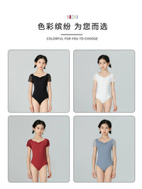 Girls' V-Neck Short Sleeve Ballet Leotard with Skirt for Dance Practice