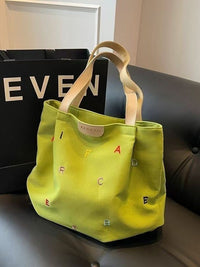 Large Capacity Canvas Tote Bag for Women, Embroidered Letter Shoulder Bag, Student Handbag