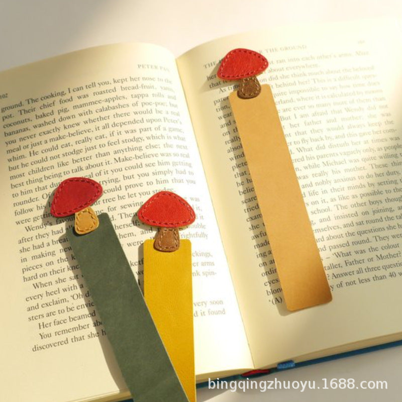 Mushroom Head Leather Bookmark, Minimalist Contrast Color Book Clip for Students