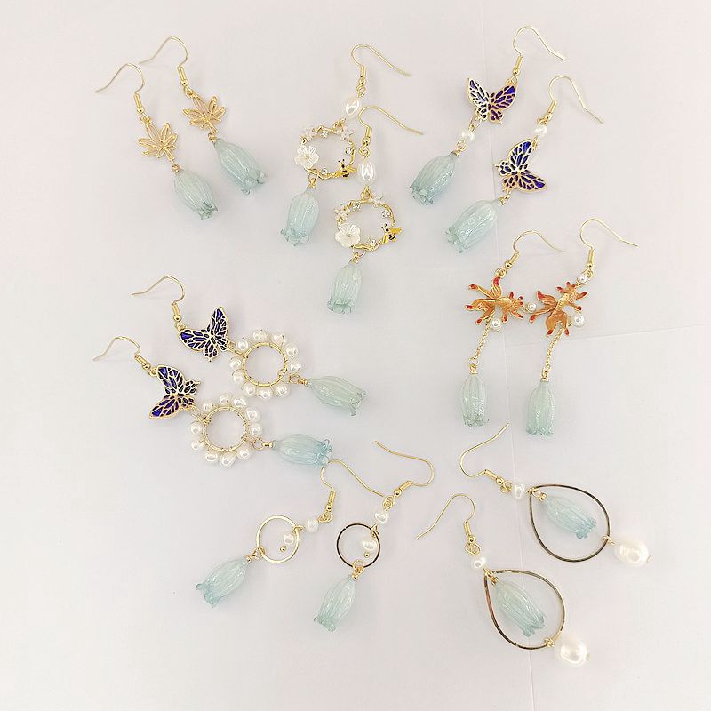Vintage Chinese Style Blue Real Flower Earrings with Dried Flowers and 925 Silver
