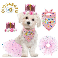 Pet Birthday Crown, Tutu Dress, and Bandana Set for Female Dogs
