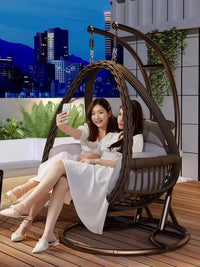 Outdoor Wicker Hanging Basket Chair with Stand, Double/Single Swing Chair for Patio, Garden, Balcony, Indoor/Outdoor Use