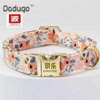 Personalized Engraved Pet Collar with Floral Pattern for Dogs and Cats, Metal Leash Ring