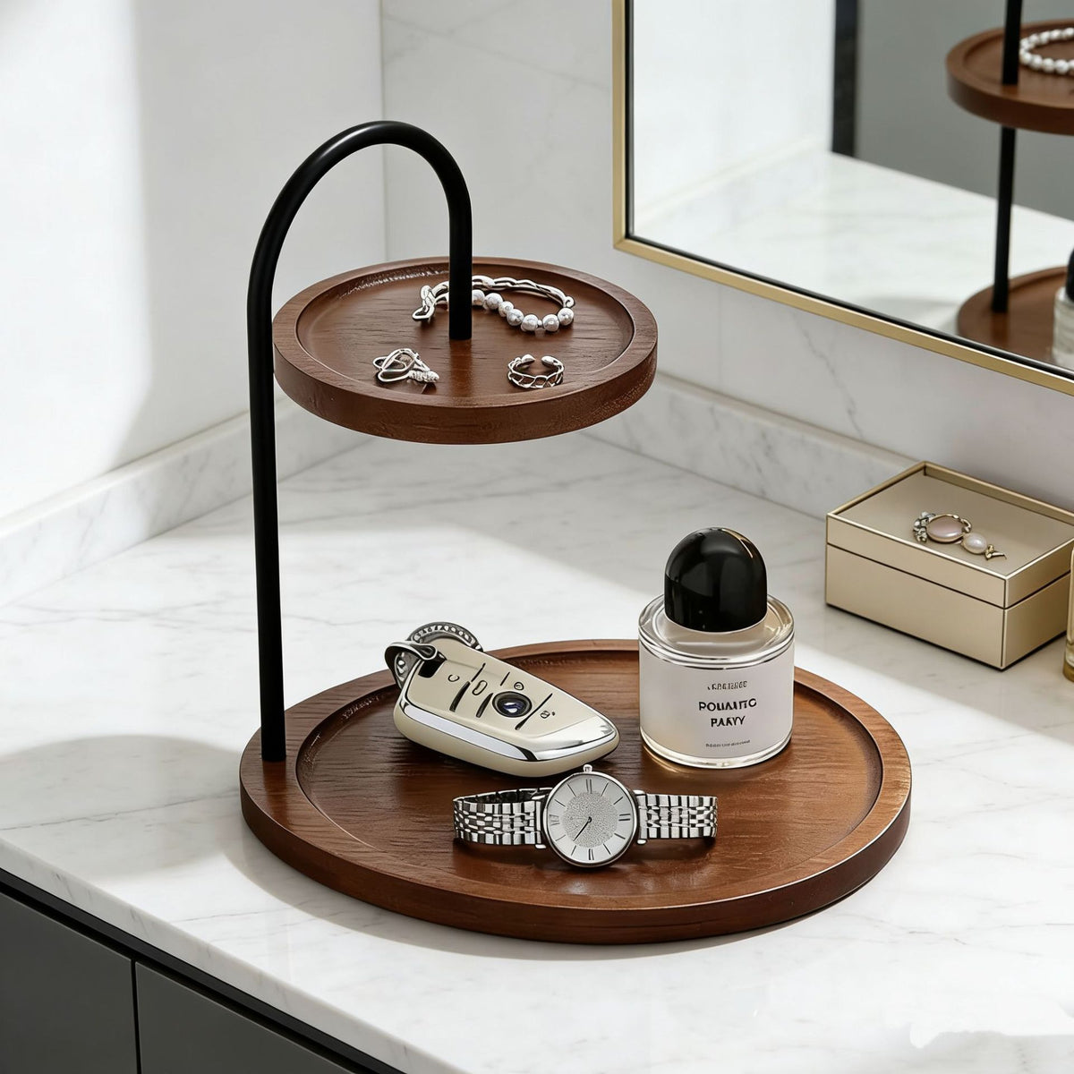 Solid Wood Desktop 2-Tier Organizer Tray for Keys, Cosmetics, and Jewelry