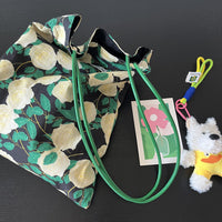 Vintage White Rose Print Canvas Shoulder Bag with PU Strap, Reversible Design