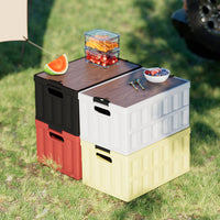 Multifunctional Foldable Camping Storage Box with Wooden Lid, Waterproof Car Trunk Organizer