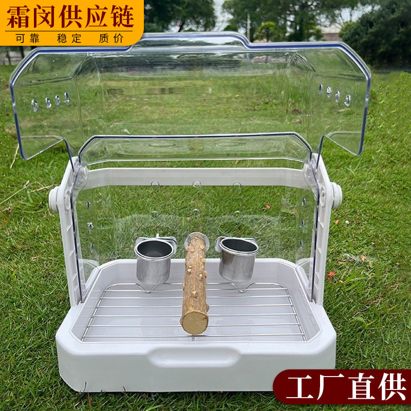 Portable Transparent Bird Cage for Parrots with Feeding Tray Perch and Lock, Travel Carrier for Small Birds