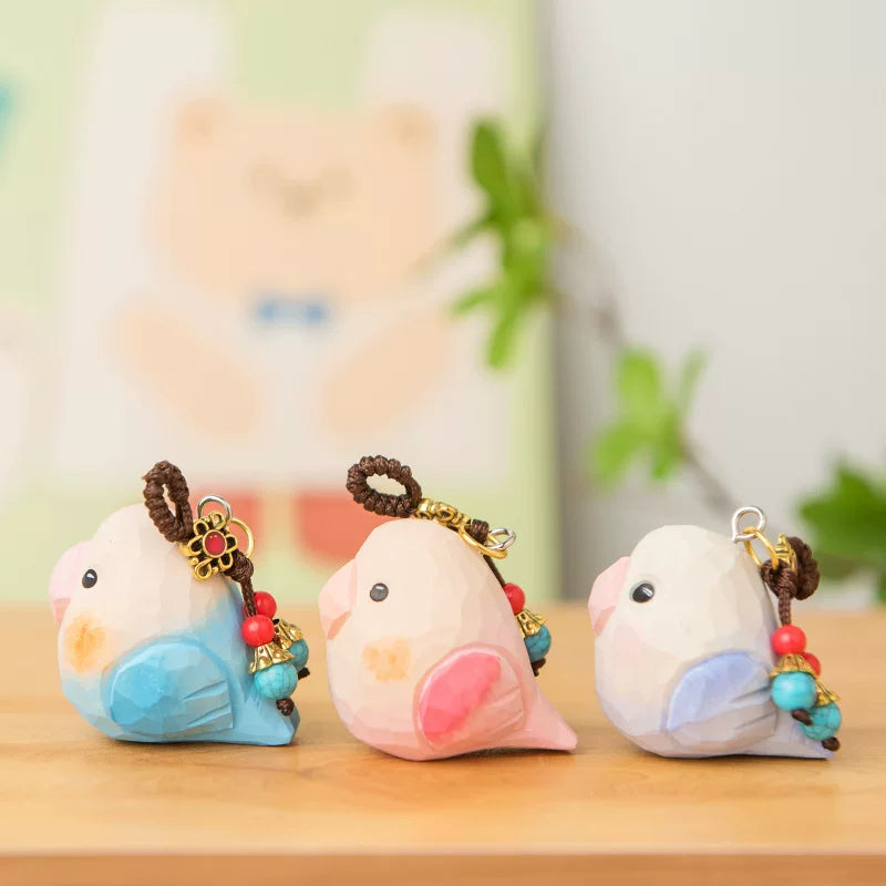 Hand-Carved Wooden Chubby Bird Figurine Keychain & Desktop Decor