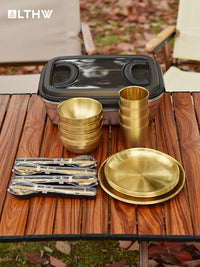 LTHW Portable Outdoor Camping Dinnerware Set - 304 Stainless Steel Bowls, Plates, Cups, Chopsticks, Spoons