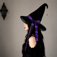 Gothic Lolita Witch Hat Velvet Lace Wide Brim Pointed Hat with Bow for Halloween Cosplay Party