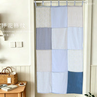 Japanese Pastoral Floral Patchwork Plaid Door Curtain with Tie-Up Design, No-Drill Half Curtain for Bedroom Kitchen Decor