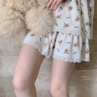 Vintage Waffle Knit Bear Bow Lace Trim Pajama Set with Headband for Girls