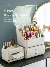 Luxury Dustproof Cosmetic Organizer with Drawers and Brush Holder for Desktop Skincare Storage