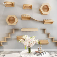 Solid Wood Wall-Mounted Cat Climbing Frame with Jumping Platform & Ladder, Aerial Cat Walkway