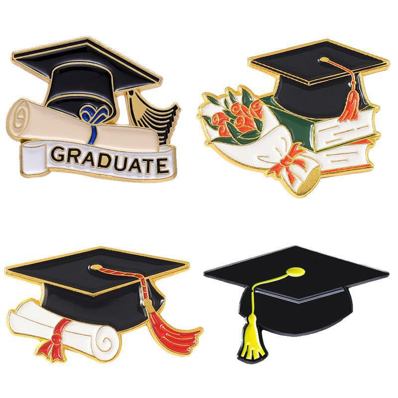 Graduation Season Alloy Brooch Pin Set with Bouquet, Certificate, and Mortarboard Designs