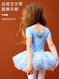 Girls' Short Sleeve Ballet Dance Leotard with Tulle Skirt for Practice and Performance