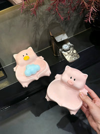 Cute Piggy Ceramic Soap Dish with Drainage for Bathroom and Shower