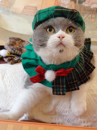 Pet Christmas Octagonal Hat Scarf Collar Set for Cats and Small Dogs, Festive British Style Costume