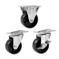 Black PP Swivel Caster Wheels with Brake, 1 to 2 Inch, Stainless Steel Frame for Furniture and Planters