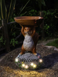 Outdoor Garden Squirrel Bird Feeder Statue with Solar Light, Resin Animal Sculpture for Patio and Yard Decor