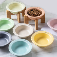 Ceramic Pet Bowl with Wooden Stand for Cats and Small Dogs, Elevated Tilted Food Water Dish for Neck Protection