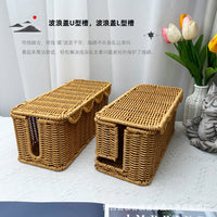 Woven Rattan Style Cable Management Box with Lid for Desktop and Bedroom