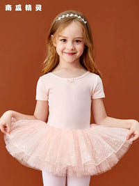 Girls' Short Sleeve Ballet Dance Leotard with Tulle Skirt for Practice and Performance