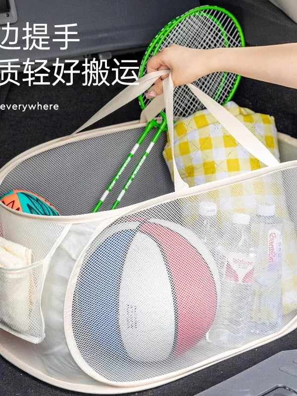Foldable Car Trunk Organizer Mesh Storage Basket for Sports Gear