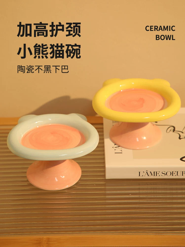 Ceramic Cat Bowl Set with Raised Stand for Food and Water, Anti-Vomit Pet Feeder Dish