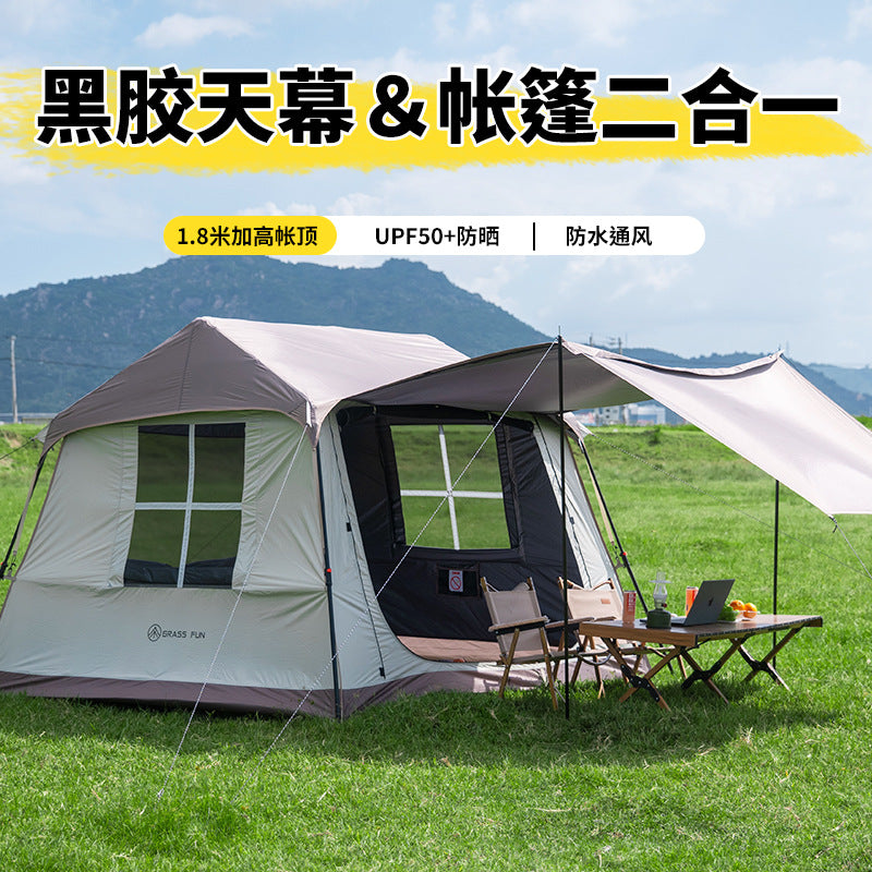 Green Grass House Ridge Quick-Open Tent Tarp 2-in-1 Large Outdoor Camping Set Blackout Sun Protection