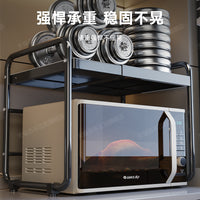 Expandable Microwave Oven Rack with Hooks, 2-Tier Countertop Storage Shelf for Kitchen Spices, Dishes, and Cookware