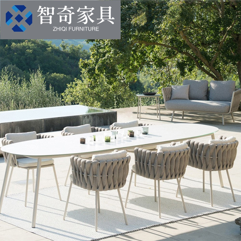 Nordic Outdoor Patio Rattan Dining Set with Rock Slab Table for Balcony Hotel Garden