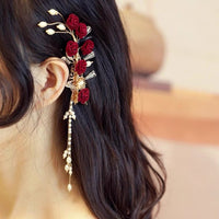 Red Rose Hairpin Tassel Side Clip for Cheongsam Hanfu Daily Wear